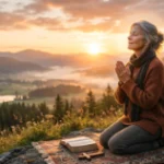 Hands clasped in healing prayer with open Bible and golden light on wooden table