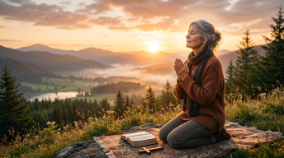 Hands clasped in healing prayer with open Bible and golden light on wooden table