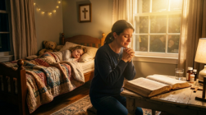 Mother praying for healing and recovery of her sick daughter with Bible and soft light