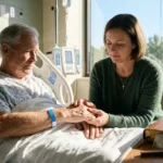 Adult child praying beside father in hospital during recovery and healing journey.