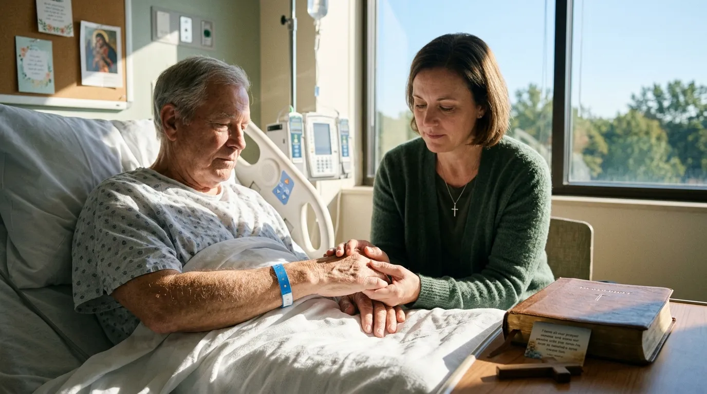 Adult child praying beside father in hospital during recovery and healing journey.