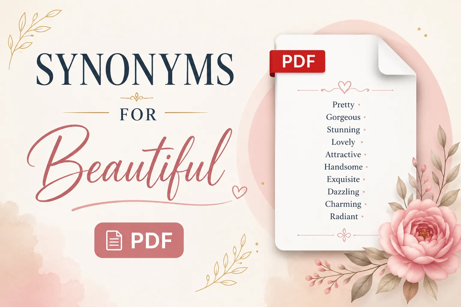 Soft pastel illustration of flowers and a glowing sunset representing synonyms for beautiful