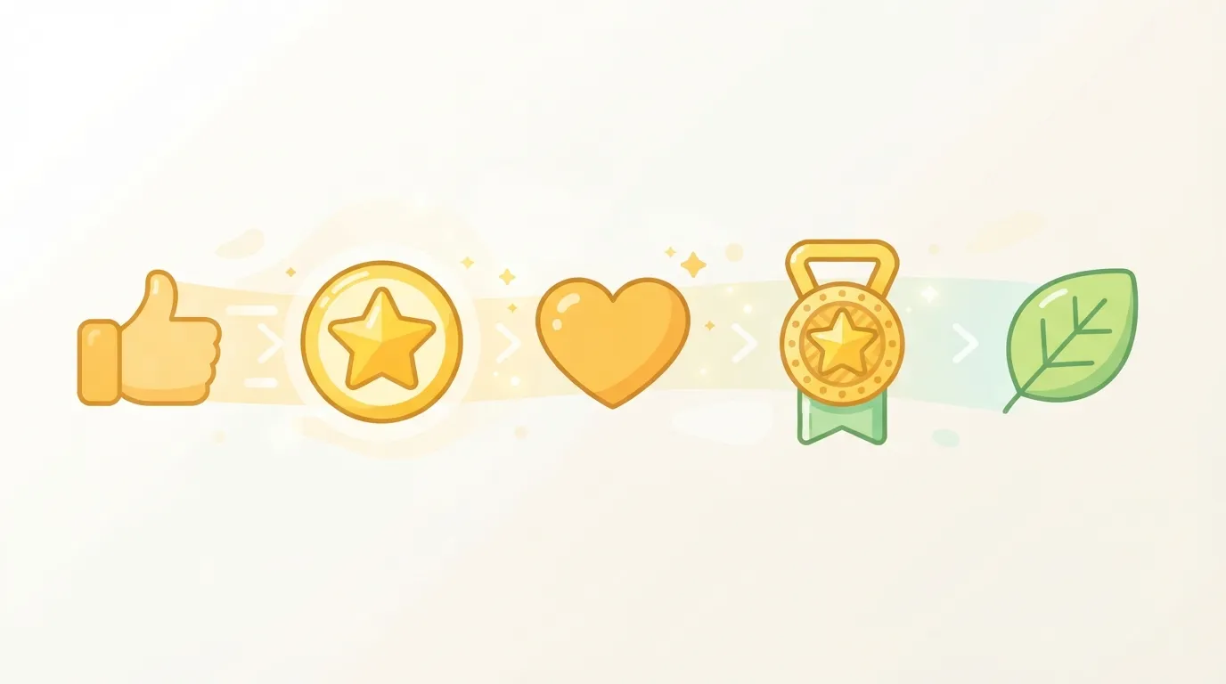 Illustration showing a thumbs-up transforming into symbols representing quality, kindness, skill, and health for synonyms of good