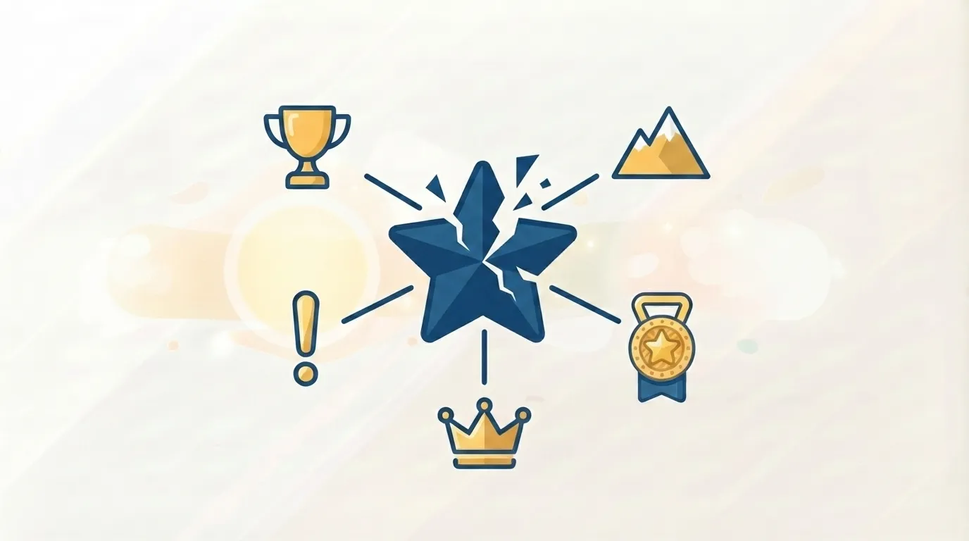 Illustration of a star breaking into symbols representing excellence, size, importance, skill, and character for synonyms of great